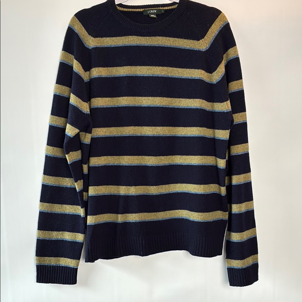 J. Crew Men's Wool Pullover Sweater in Navy Blue and Green Stripes